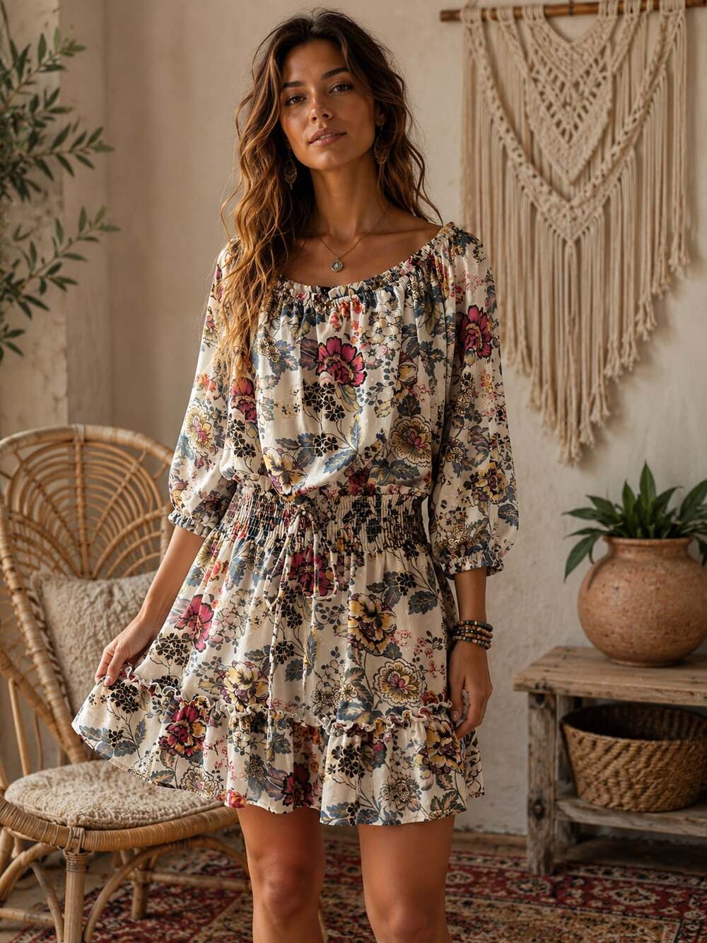 Ryan Michelle Floral Off-Shoulder Smocked Waist Mini Dress